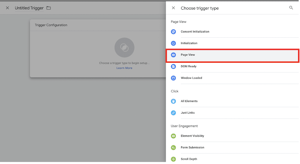 Page View trigger highlighted from the trigger type list
