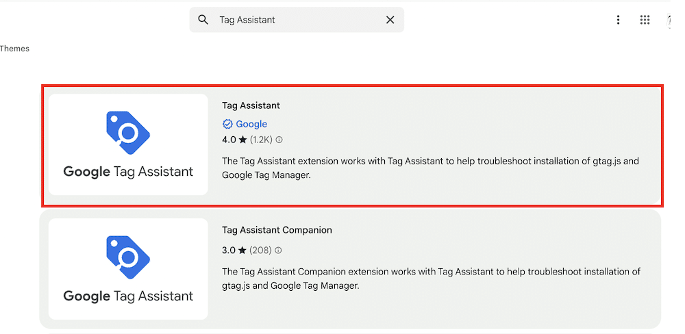 Tag Assistant extension marked in a Google chrome store search for "Tag Assistant"