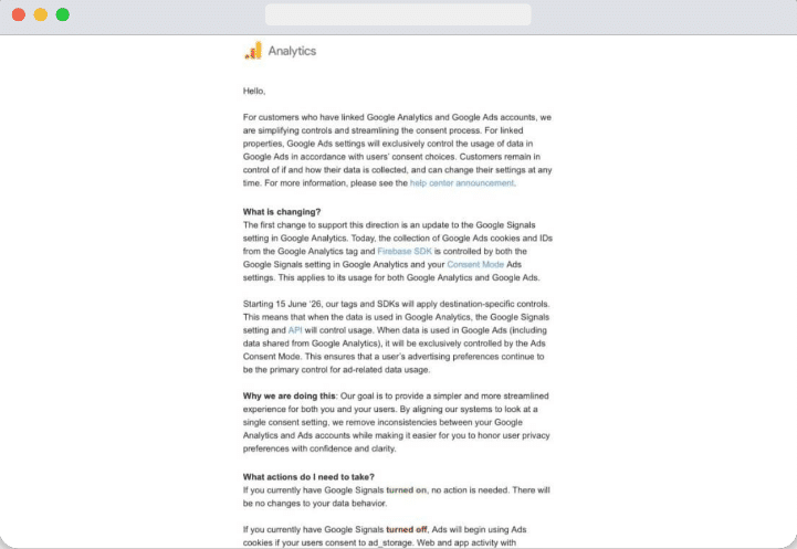 Screenshot of an email regading Google Analytics update on Google Signals