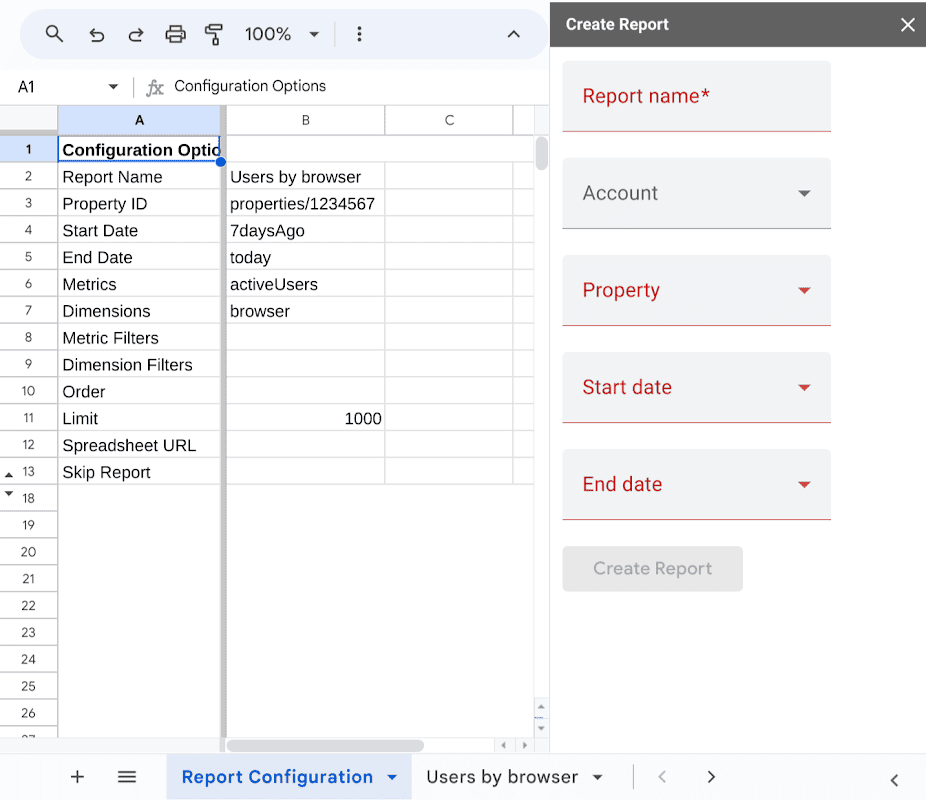 Interface of GA4 Reports Builder for Google Analytics