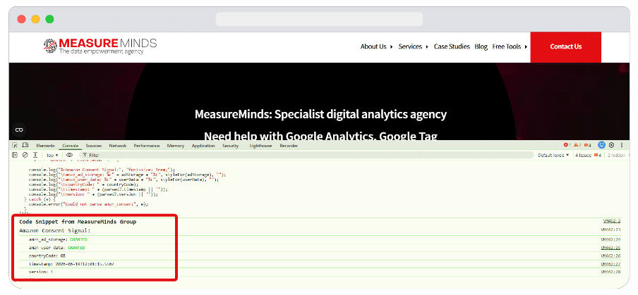 Screenshot showing Amazon consent signals were accepted