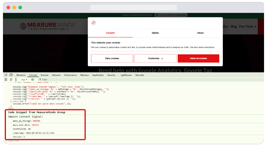 Screenshot showing Amazon consent signals were denied