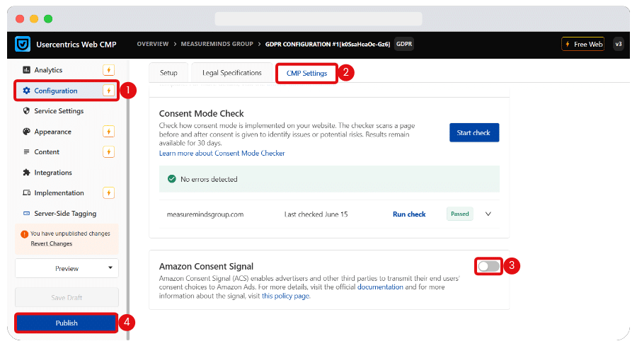 Usercentrics CMP Settings screen showing Amazon Consent Signal enabled before publishing the changes