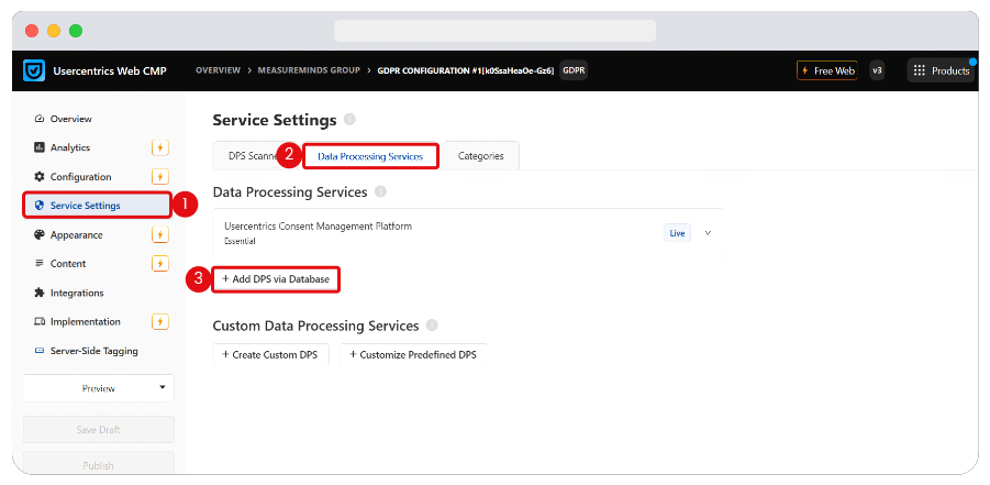 Usercentrics Data Processing Services settings showing the Add DPS via Database option for Amazon Consent Signal setup