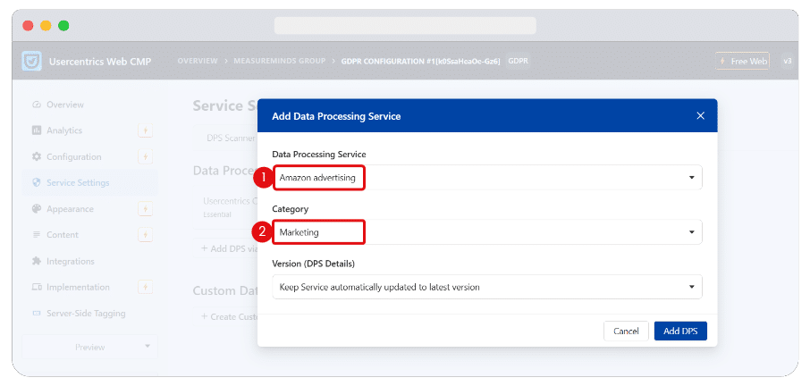 Usercentrics popup showing Amazon advertising selected as a Data Processing Service with Marketing chosen as the category